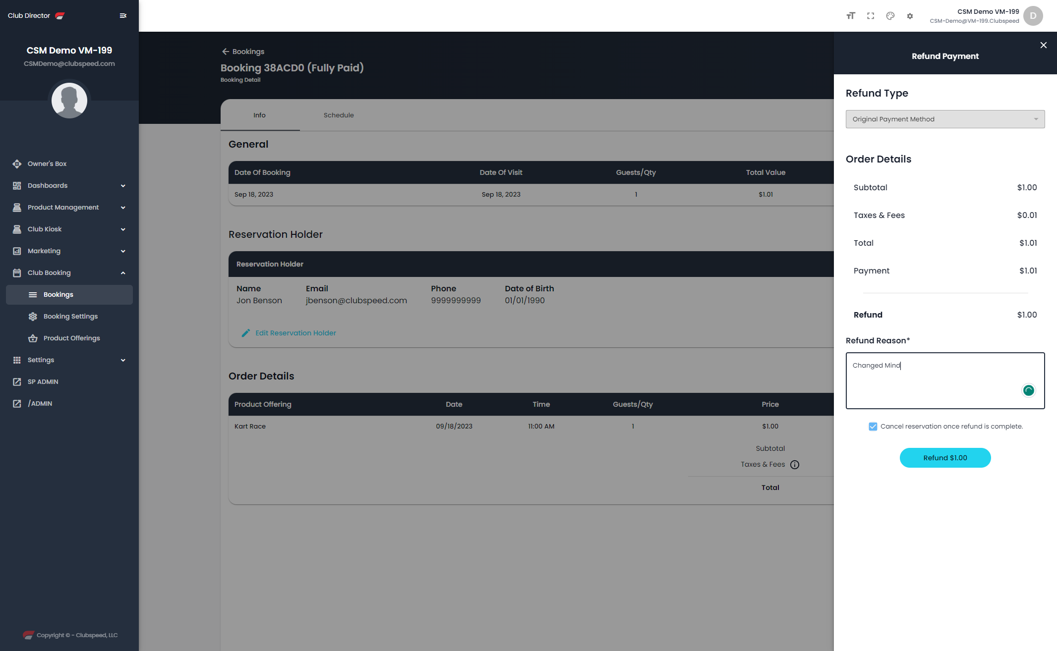 Enter a refund reasoning and choose if you want to cancel the reservation