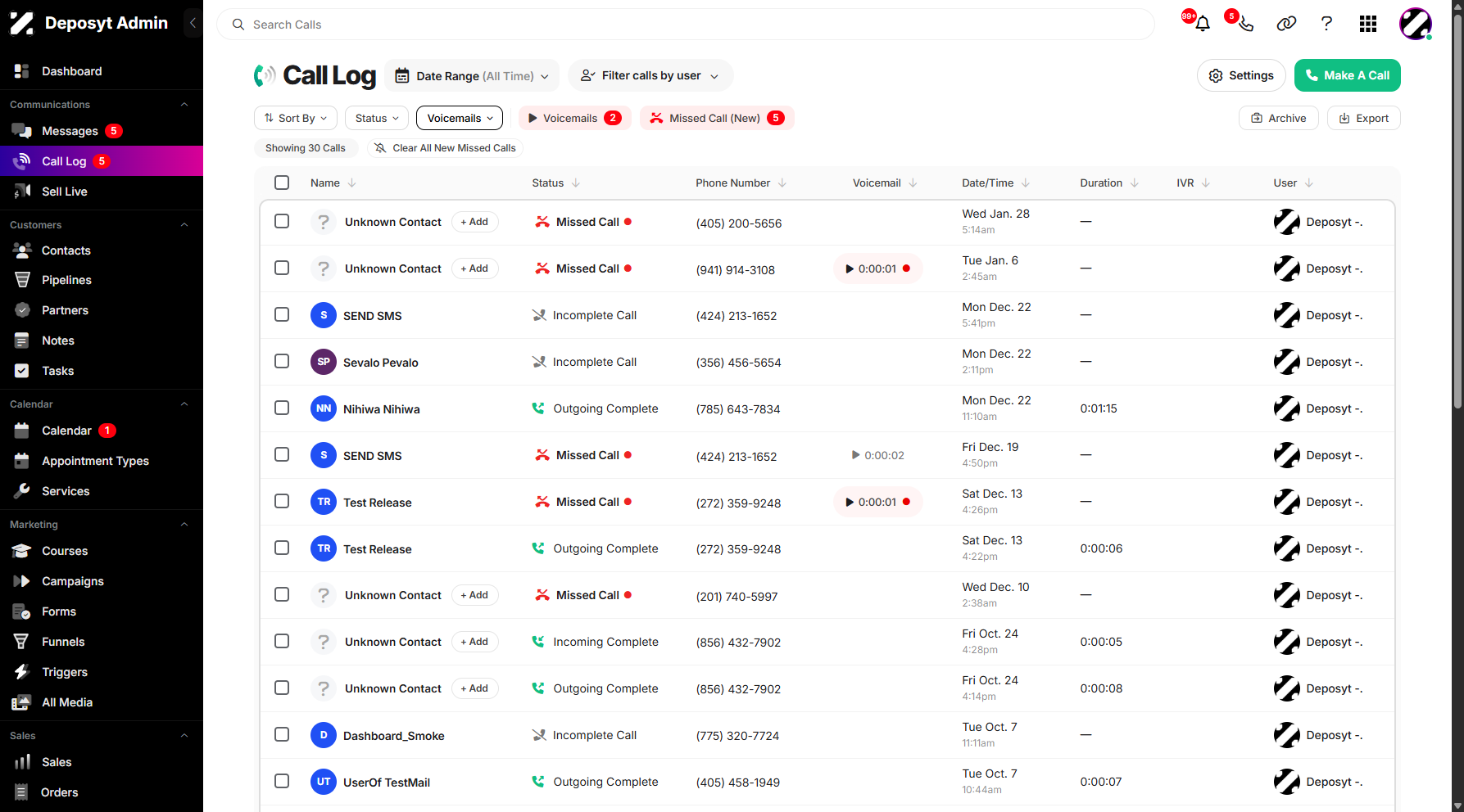 Step 3: To filter your Call Log by voicemails, click on Voicemails dropdown menu.