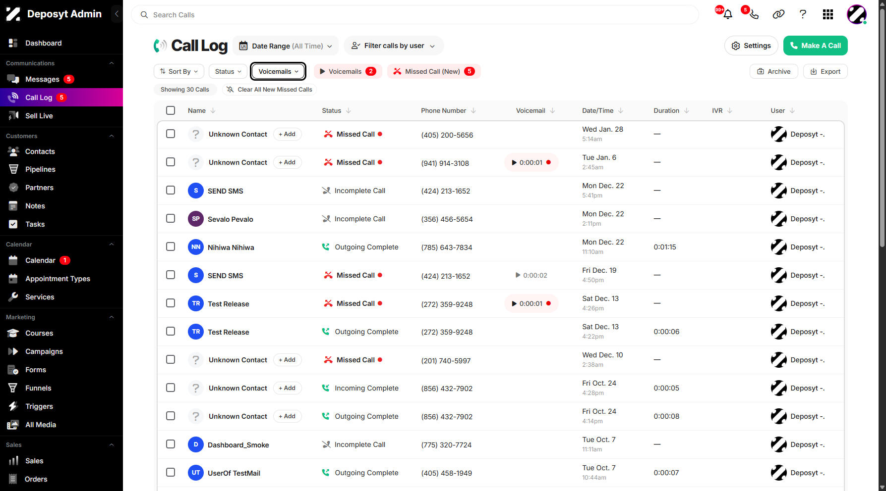 Step 3: To filter your Call Log by voicemails, click on Voicemails dropdown menu.