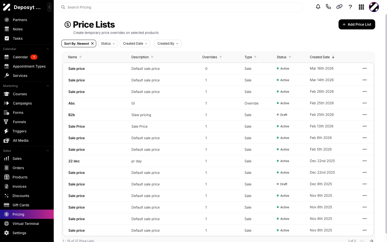 Step 2: You will then be navigated to the Price Lists tab. 