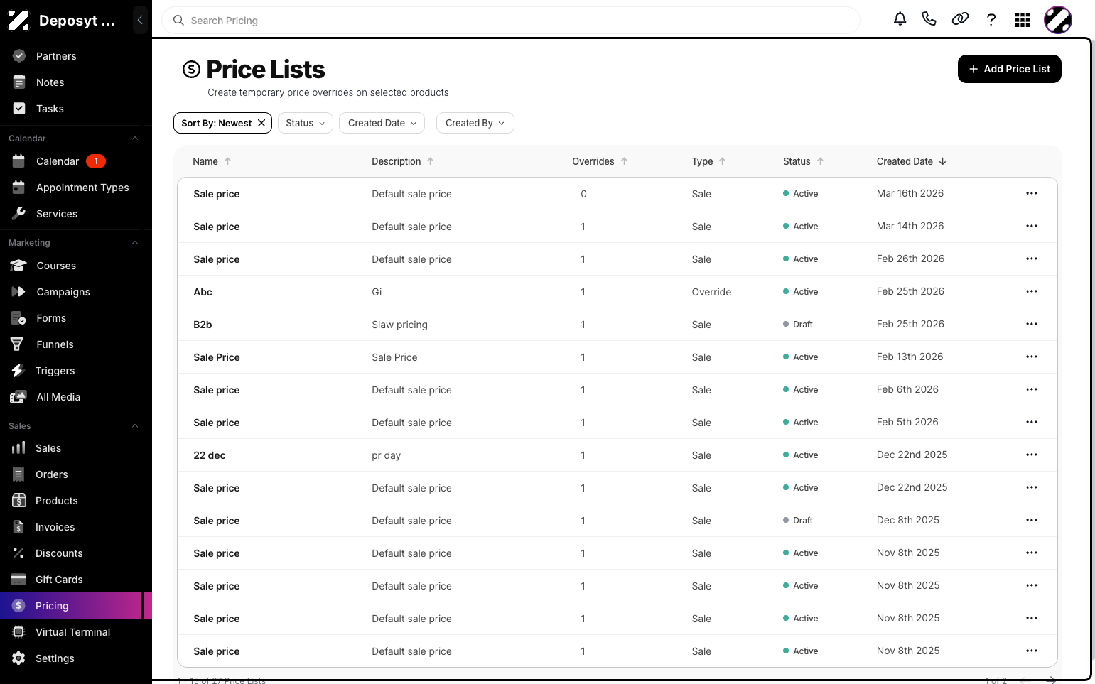 Step 2: You will then be navigated to the Price Lists tab.