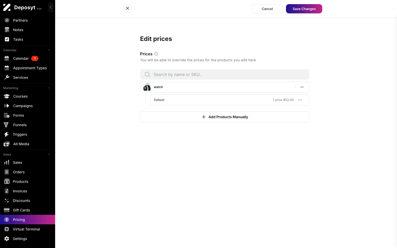 Step 10: Click Save Changes at the top to save the manually edited pricing.