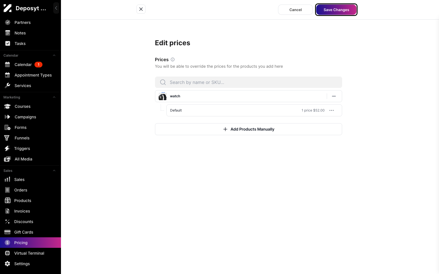Step 10: Click Save Changes at the top to save the manually edited pricing.