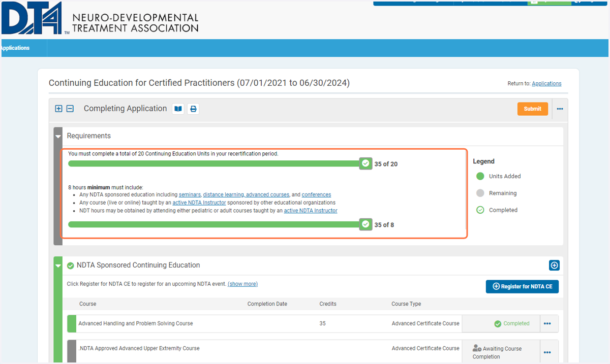 Once you've met the CE requirements for recertification, the progress bars will be marked Completed