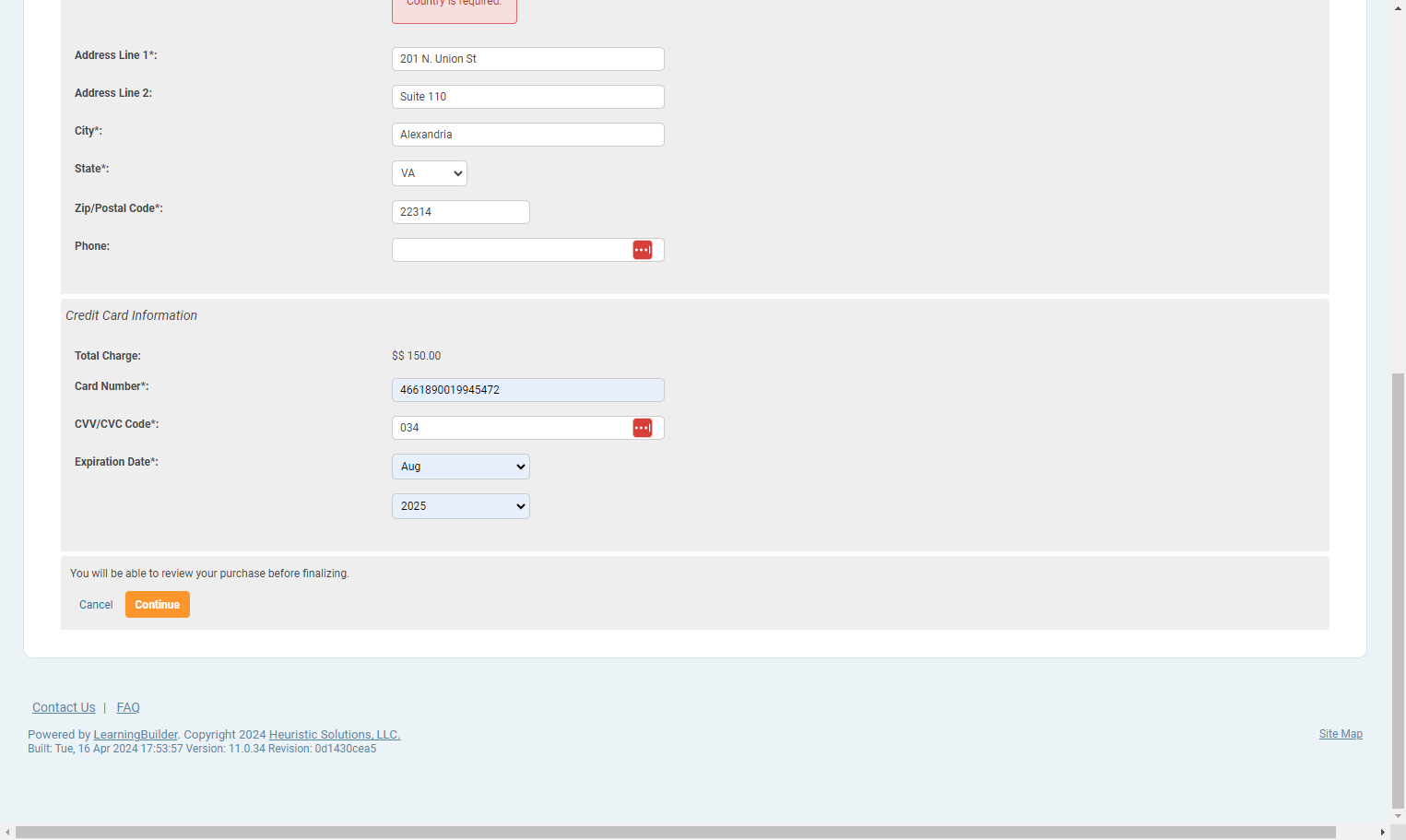 Click on Continue on the bottom of the page after you've filled in all of your billing information