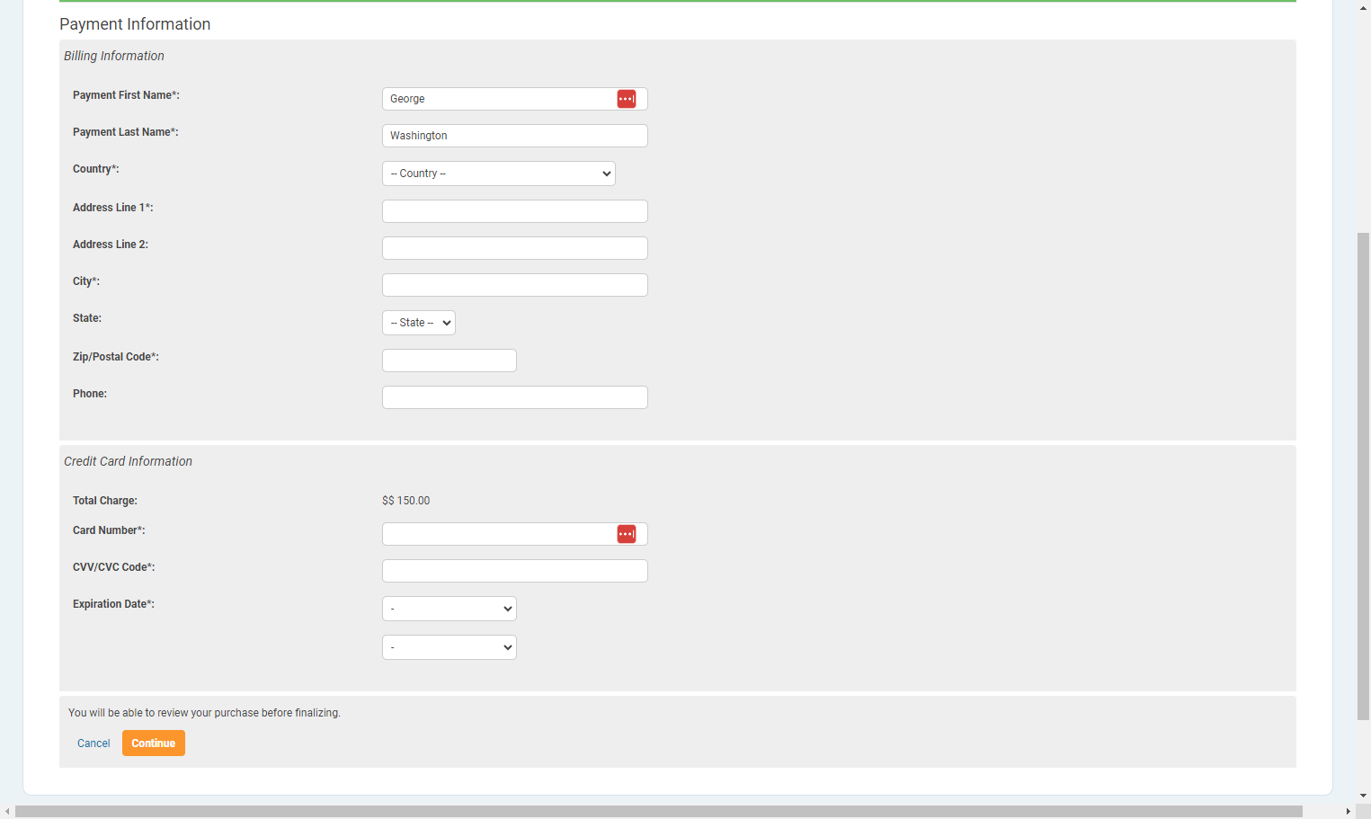 Please fill out your billing information