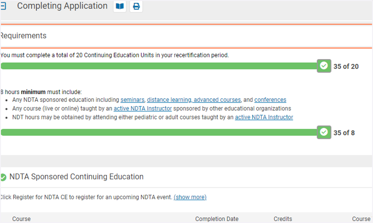 To recertify you need to have logged at least 20 continuing education hours and of those hours at least 8 need to be NDT specific. This is outlined for you under Requirements on your recertification application.