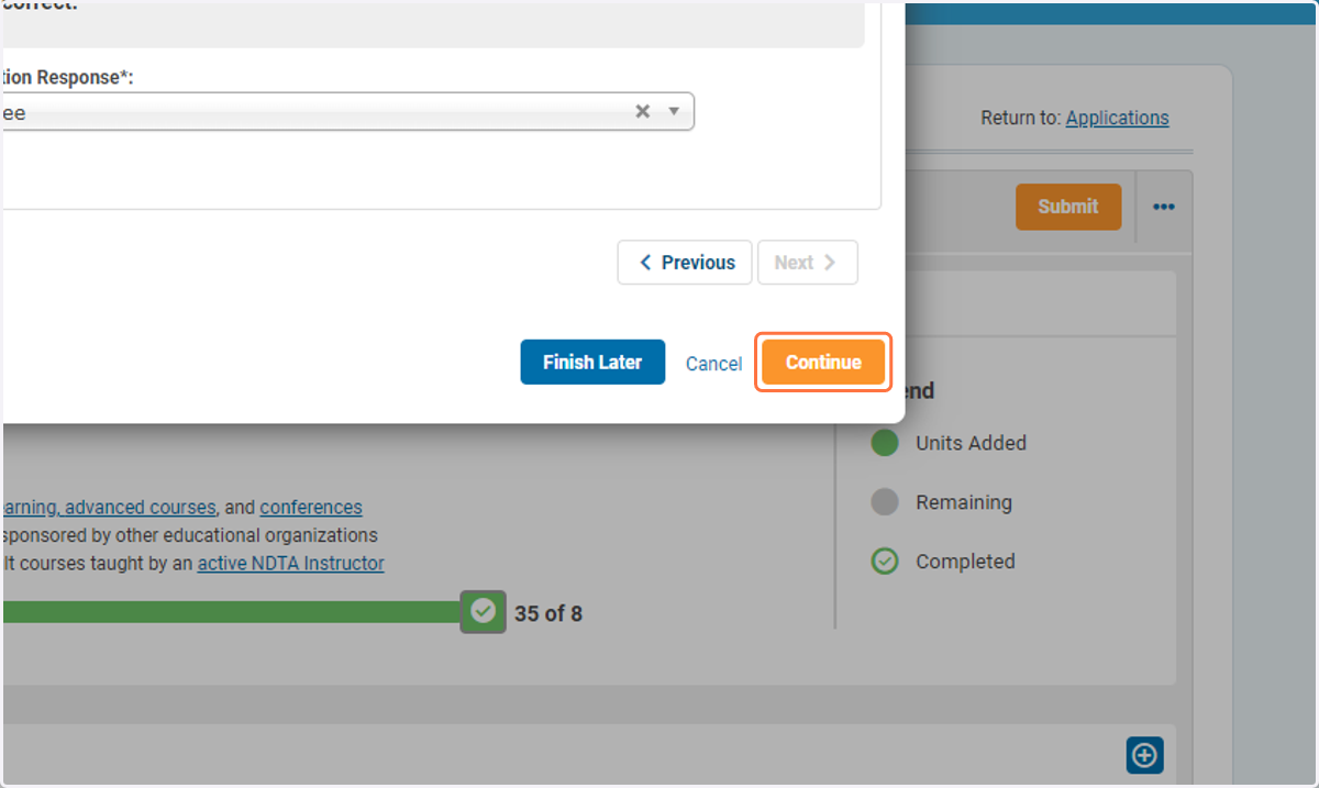 Click on Continue, then Pay Fees in the top corner of the application