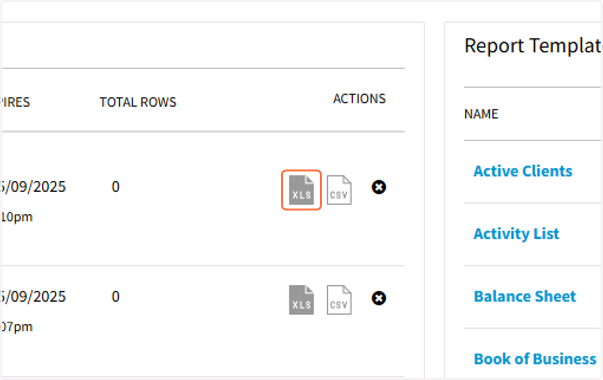 Export to a spreadsheet by selecting the XLS icon under Actions
