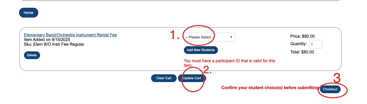 1.Select the student that is receiving the Band/Orchestra School Instrument 2. update cart and check out