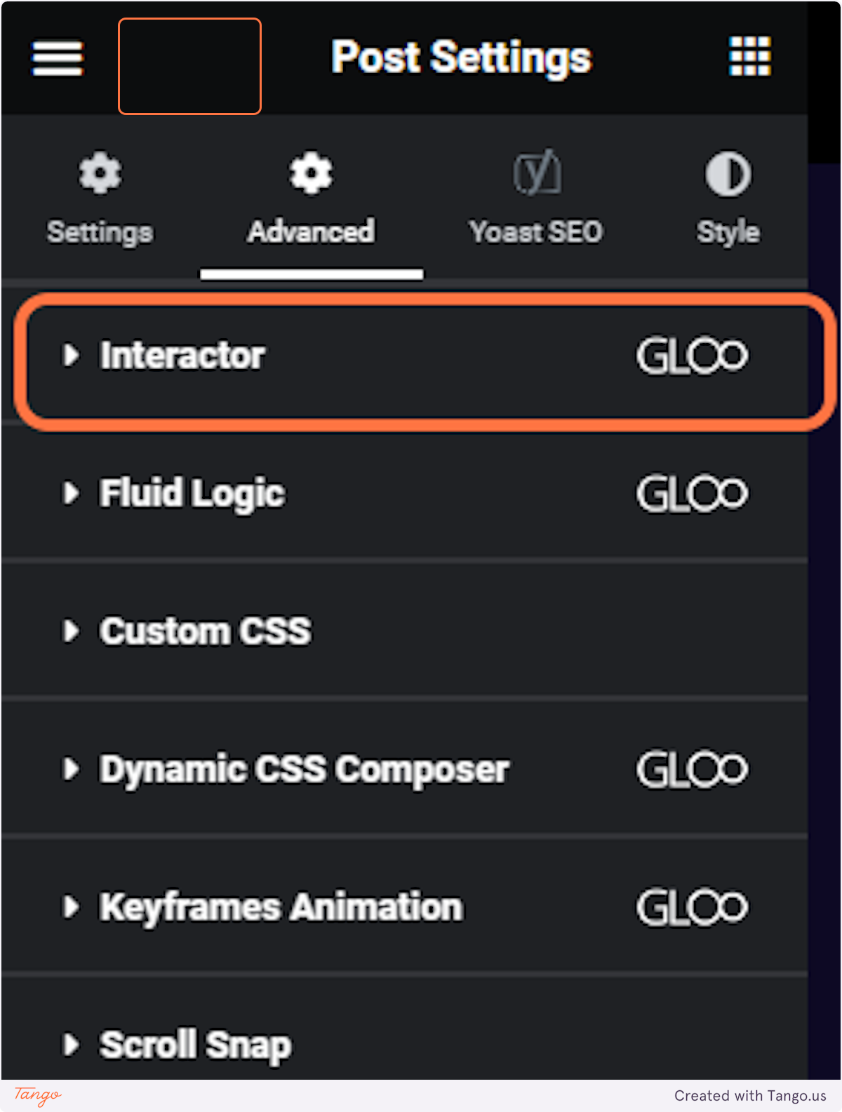 Click on the gloo icon on the top bar to access interactor