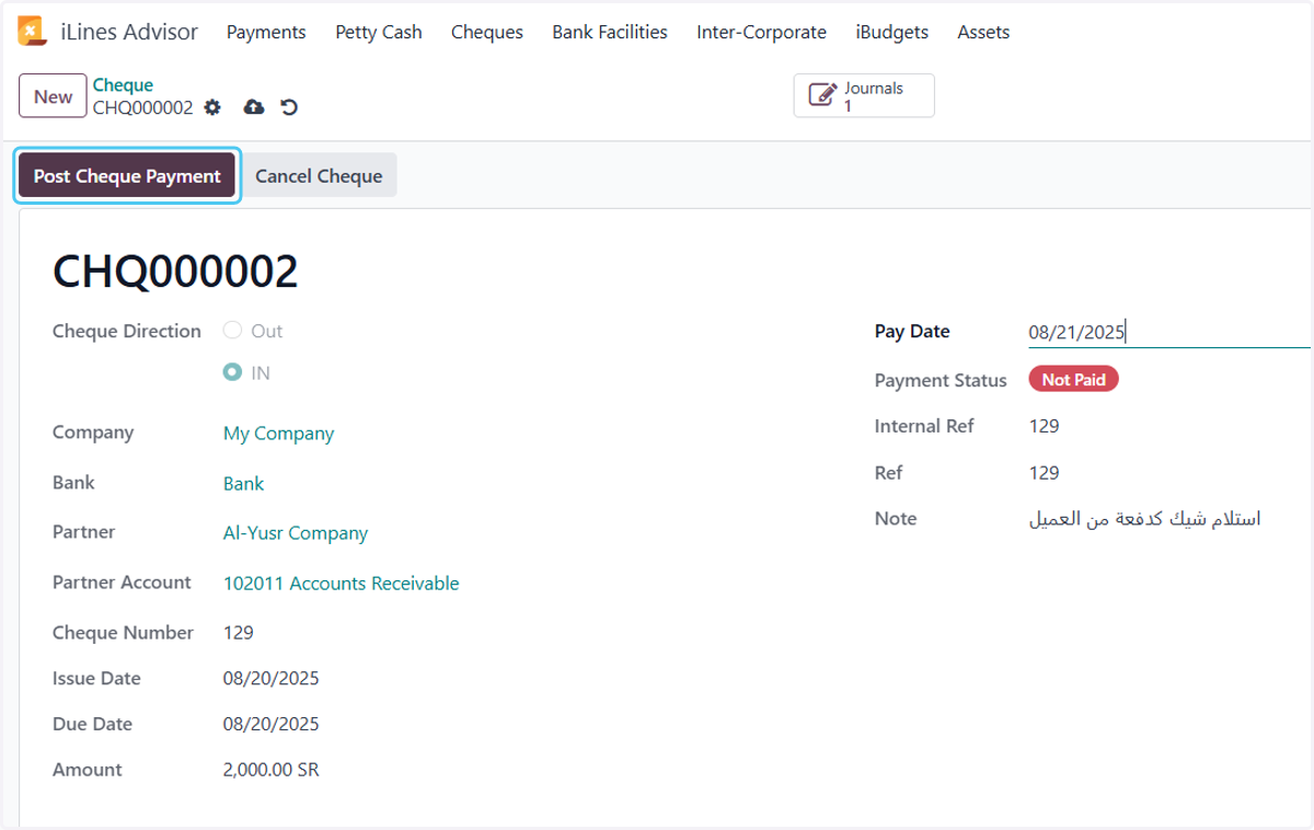 Click on Post Cheque Payment