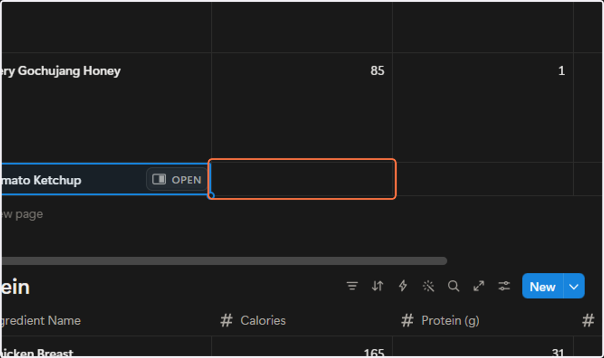 Click on empty cell next to Tomato Ketcup - this is under Calories