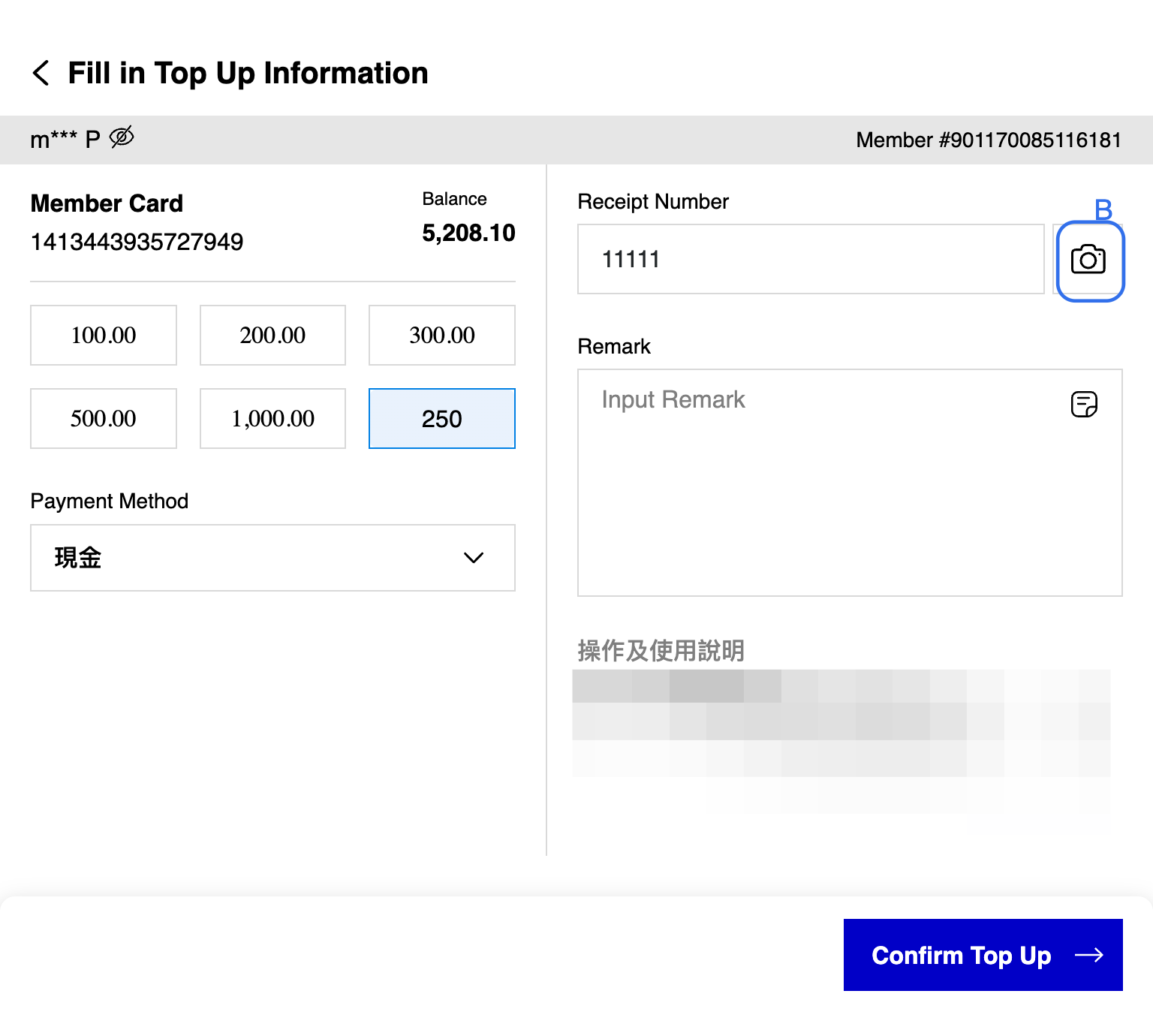 A. Enter the Receipt Number. This field is mandatory. B. Click on Camera icon to upload the receipt for a record if needed.