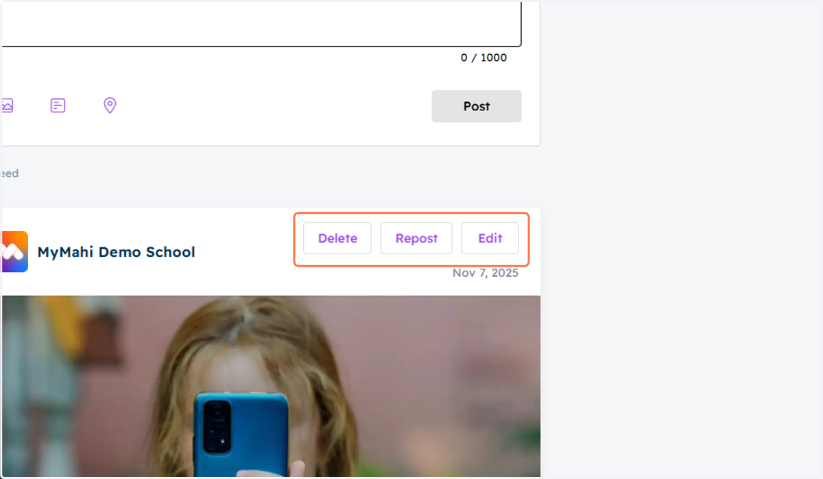 Delete, Repost, and Edit on the Published Newsfeed by Clicking Action Buttons