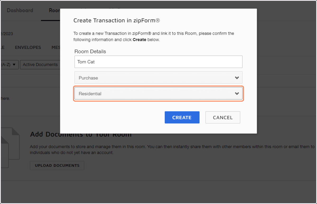 Enter the Room Details and the type of transaction.