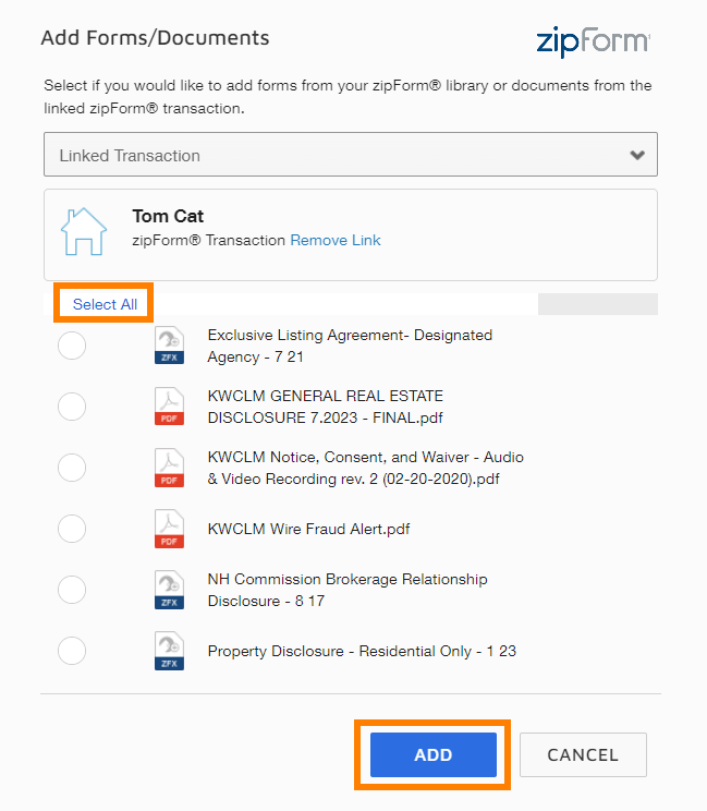 The template is applied to the transaction immediately and the forms within the template are available to select without leaving DocuSign.
