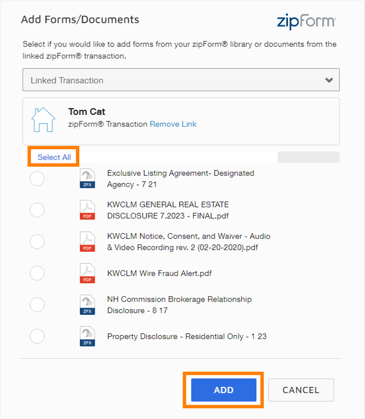 The template is applied to the transaction immediately and the forms within the template are available to select without leaving DocuSign.