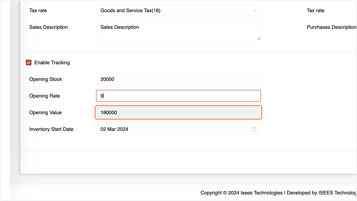 The system will calculate the value of the opening stock, The opening rate will be used further for purchases(you may change it in purchase section if the prices are updated), the opening stock and opening value will be used in in the inventory.