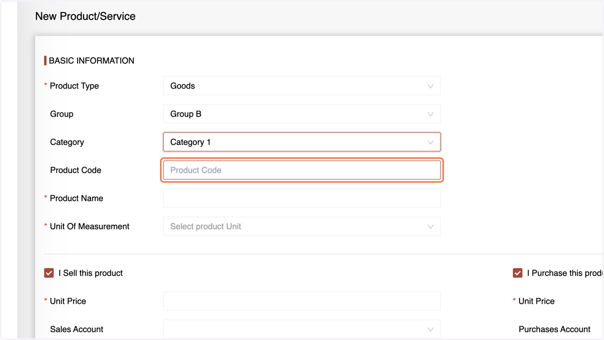Enter the Product Code or SKU