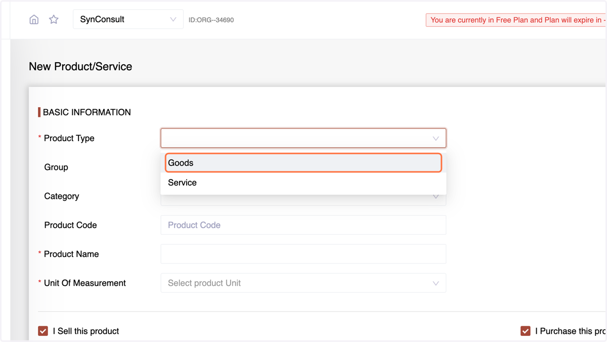 - Product Type (Goods or Service)