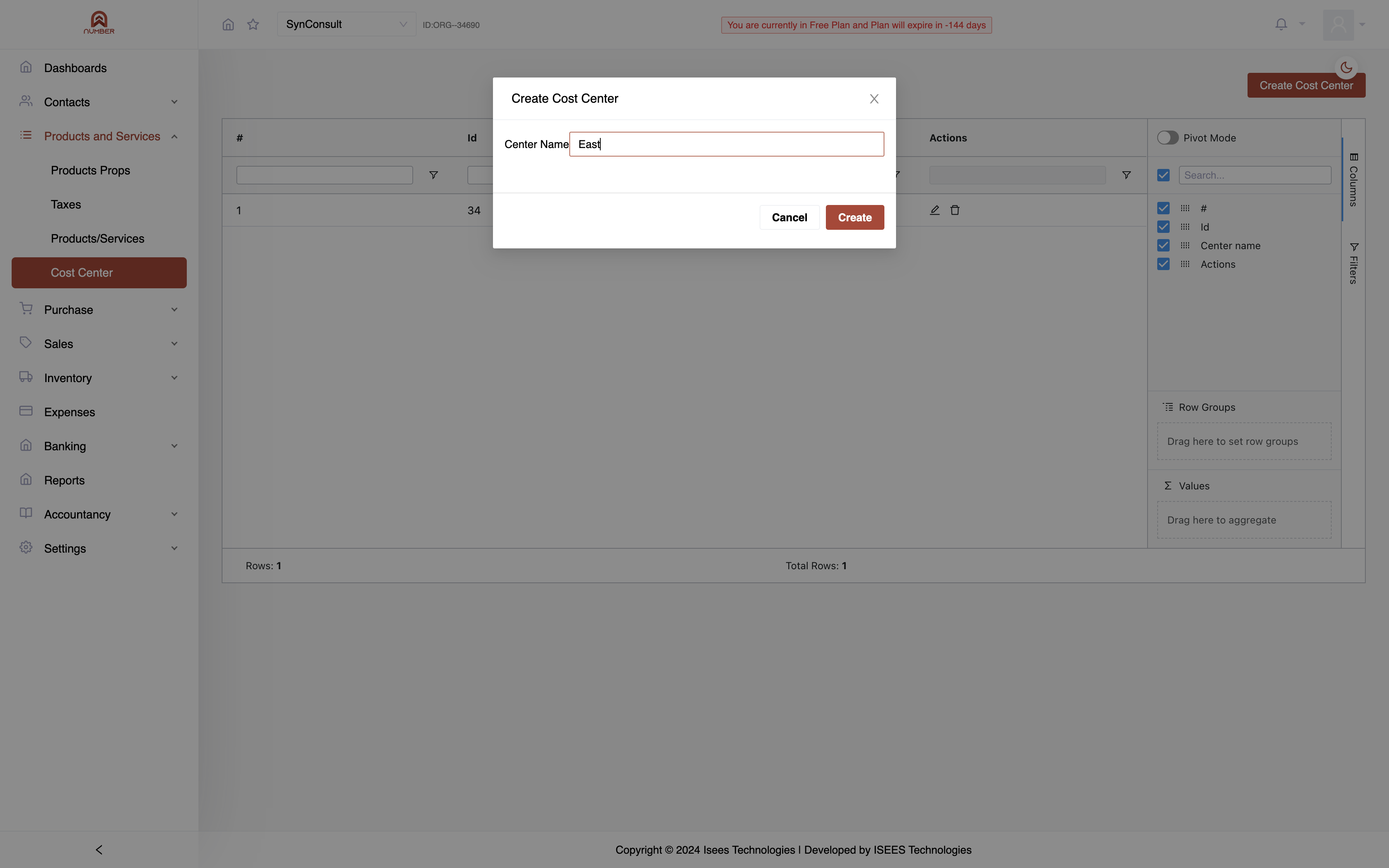 Hit "Create" to add the cost center.