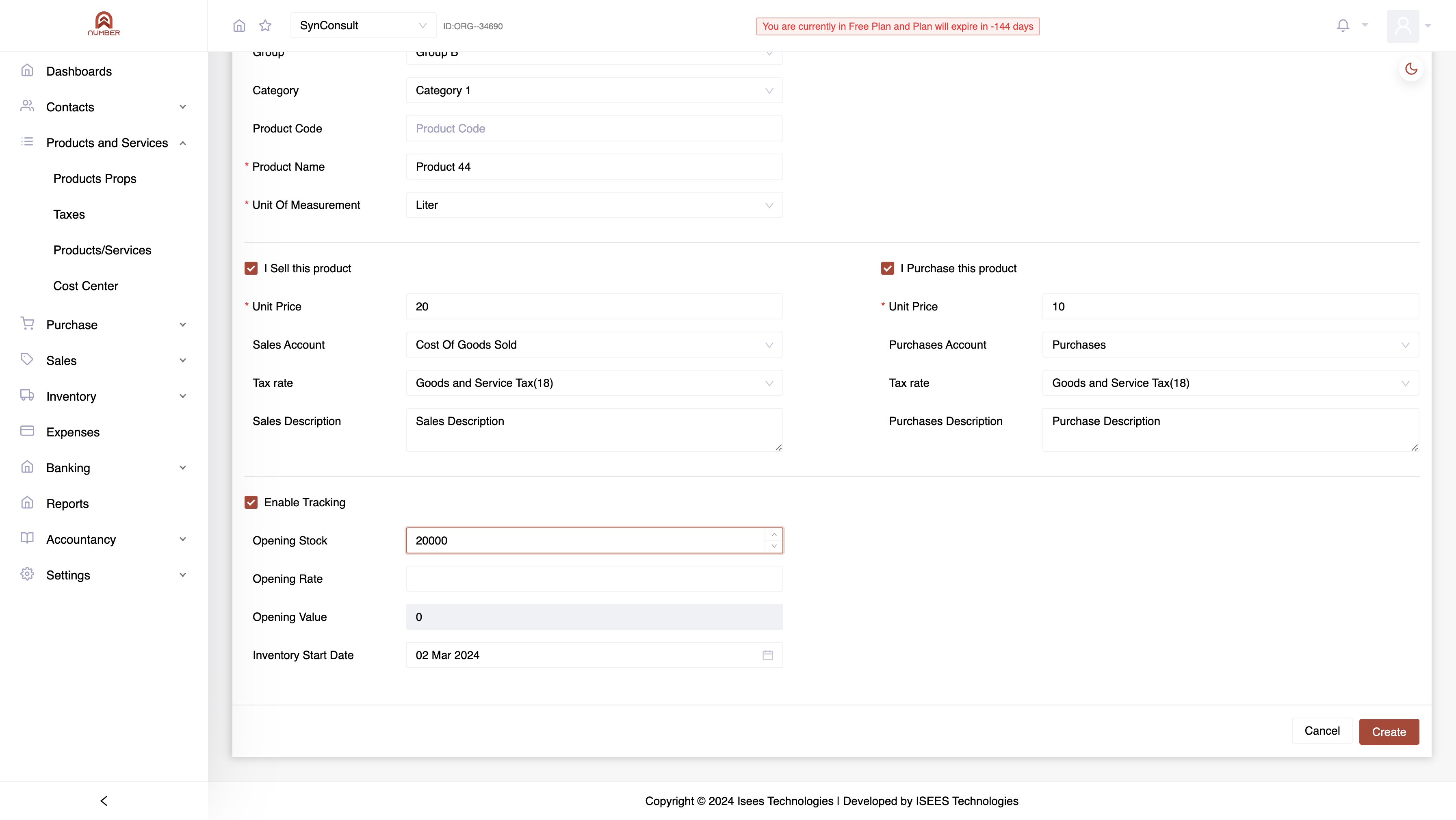 Enable tracking if inventory tracking is required; enter opening stock details.