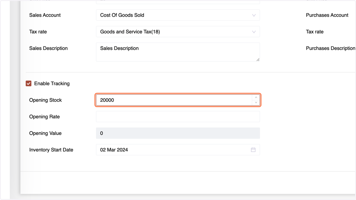 Enable tracking if inventory tracking is required; enter opening stock details.