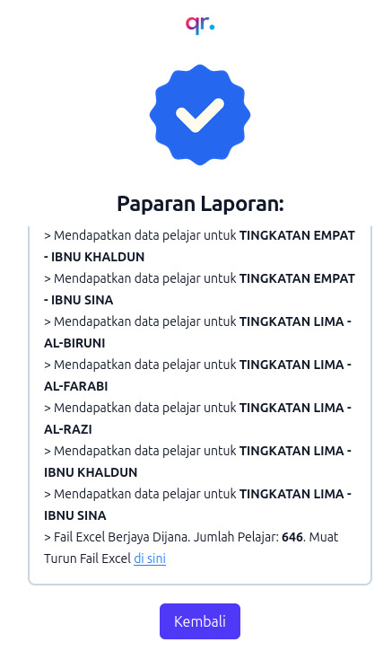 PAPARAN SELEPAS PILIH UNTUK MUAT TURUN SENARAI PELAJAR, KEMUDIAN KLIK KELAS YANG DIPERLUKAN.