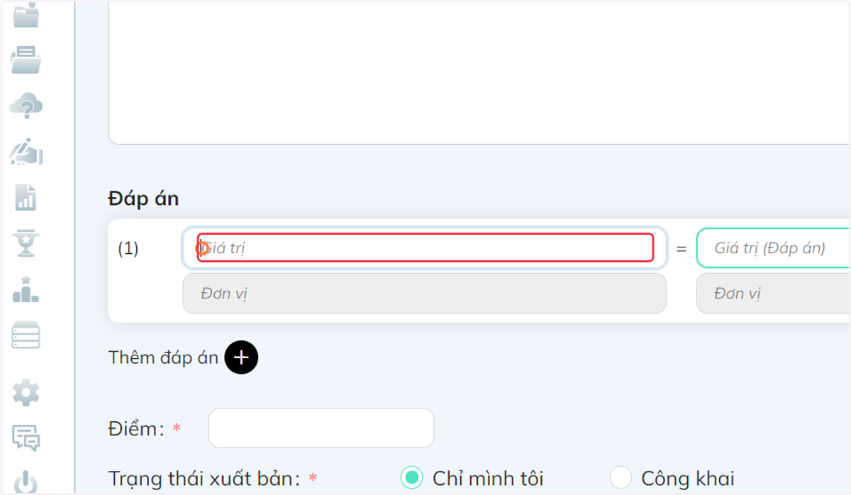 Bấm vào "Giá trị" để chọn số cho câu hỏi