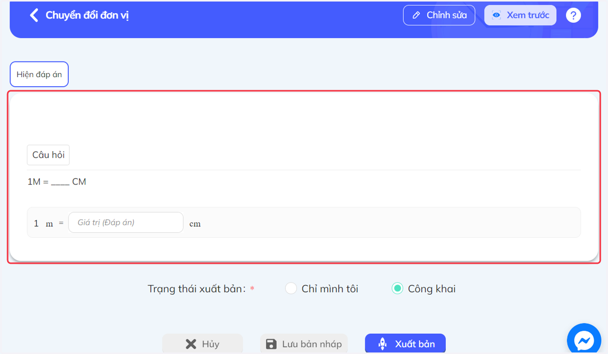 Bảng hiển thị câu hỏi