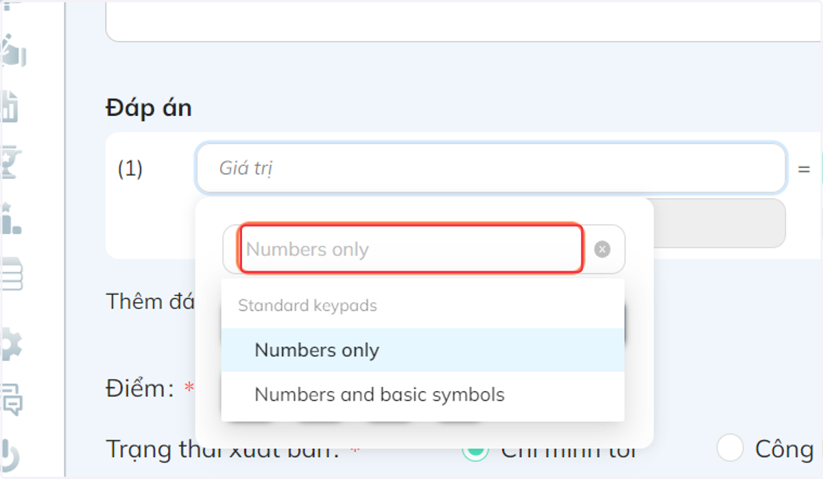 Bấm chọn khung "Numbers only" để sổ khung lựa chọn "Chỉ số" hay "Chỉ số và ký hiệu đơn giản"