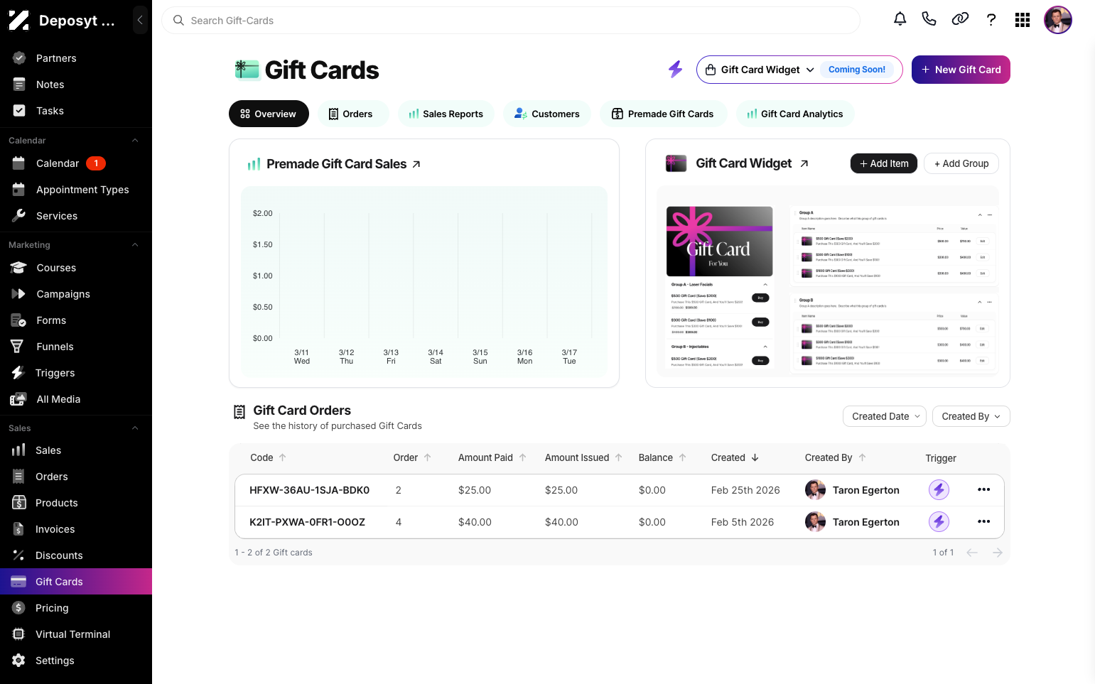 Step 3: Click the + New Gift Card button to create a new gift card.