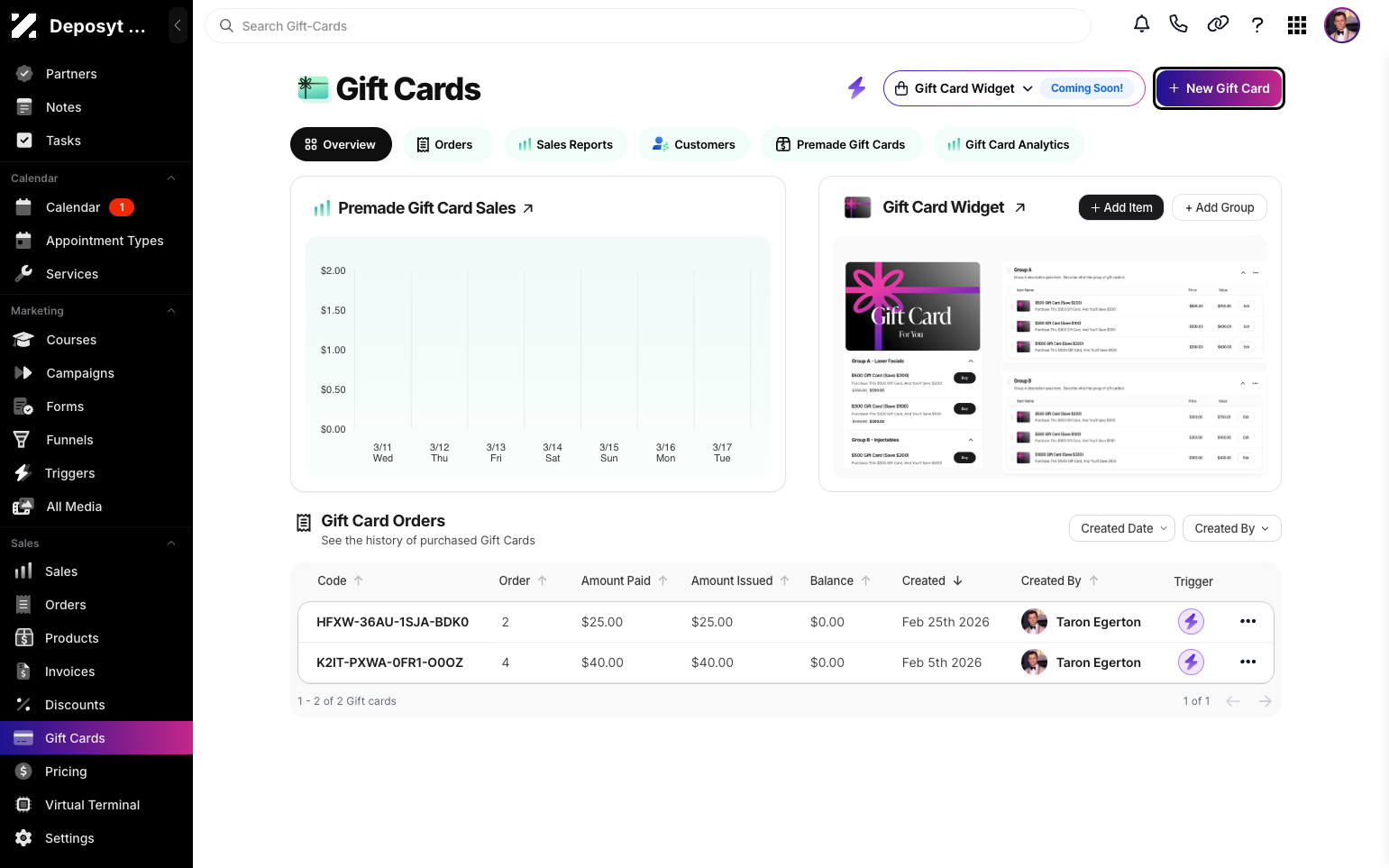 Step 3: Click the + New Gift Card button to create a new gift card.