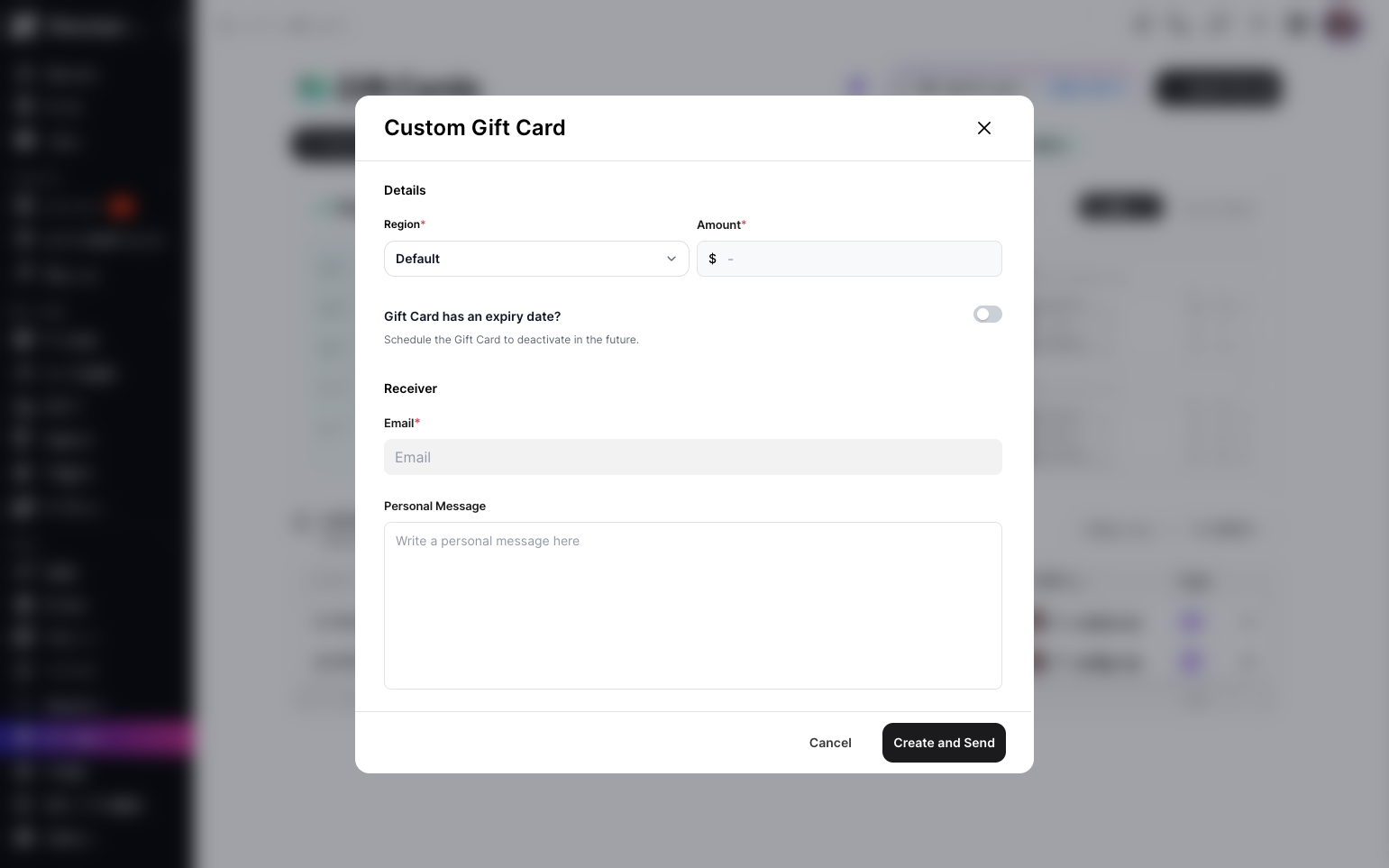 Step 4: A pop-up will appear, where you can select the region, set the gift card amount, toggle expiry date on or off, enter the receiver's email address, and add a personal message.