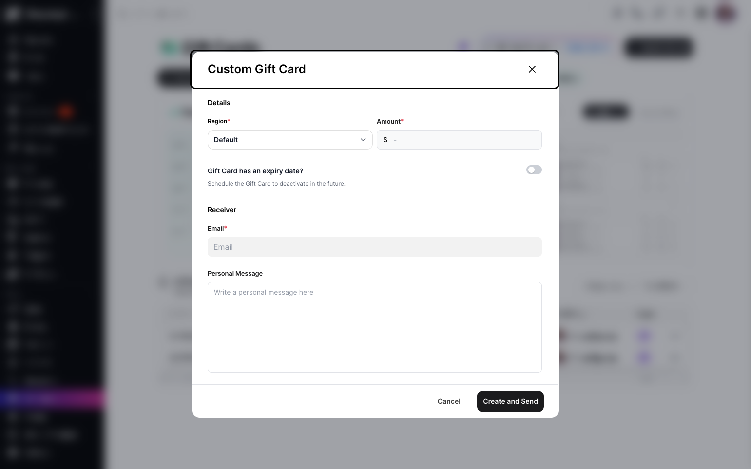 Step 4: A pop-up will appear, where you can select the region, set the gift card amount, toggle expiry date on or off, enter the receiver's email address, and add a personal message.