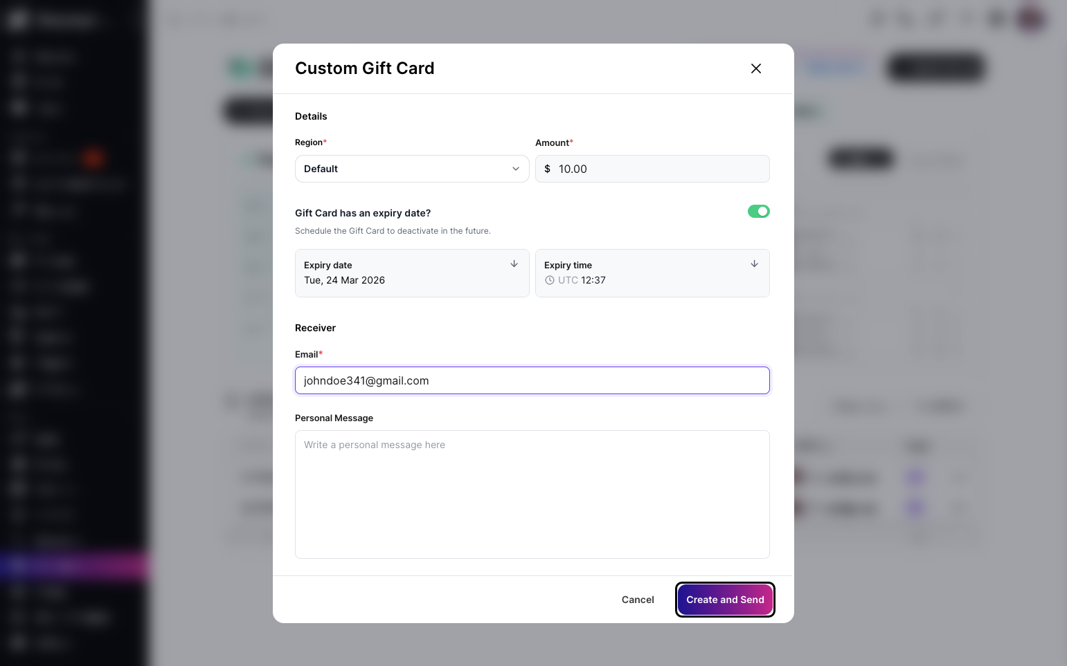 Step 5: Click the Create and Send button when you are done to finalize and send your gift card.