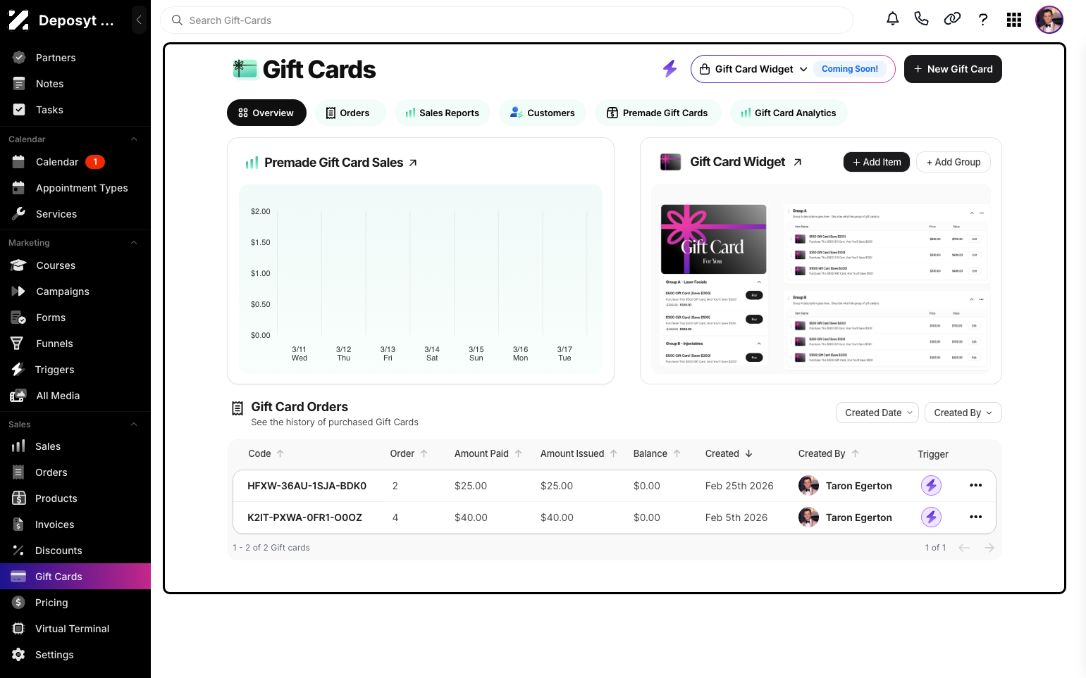 Step 2: You will then be navigated to the Gift Cards tab.
