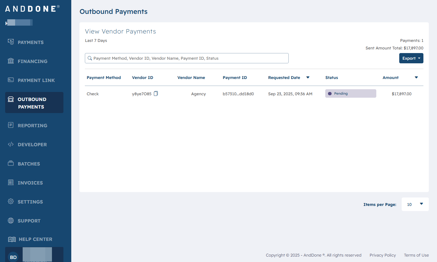 Vendor Payments from last 7 days will be listed.
