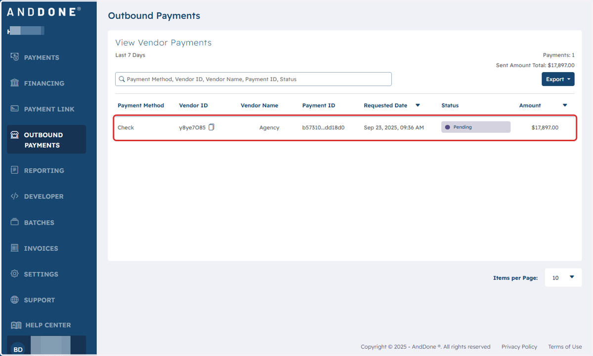 Vendor Payments from last 7 days will be listed.