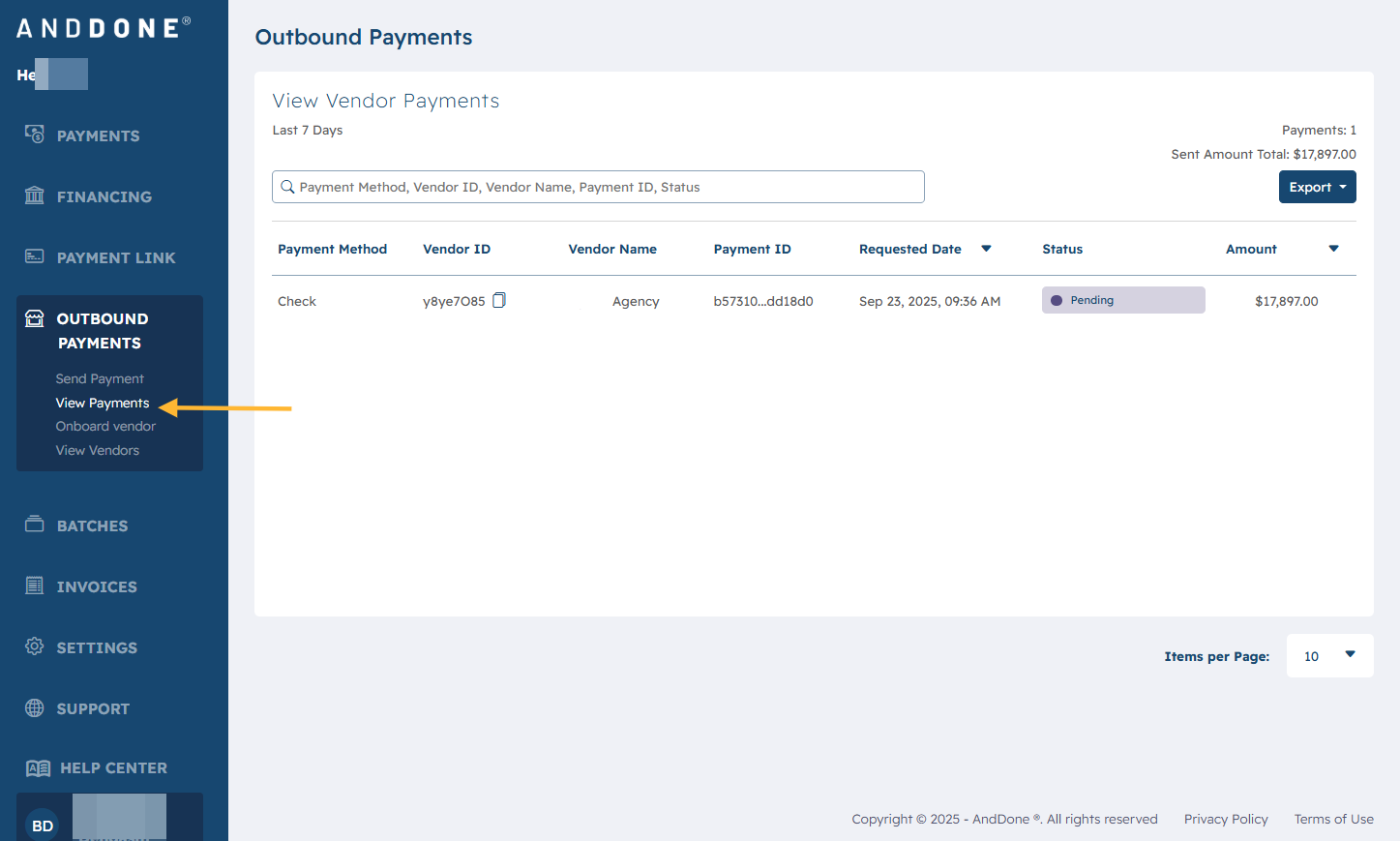 On the left hand menu select Outbound Payments, and then View Payments