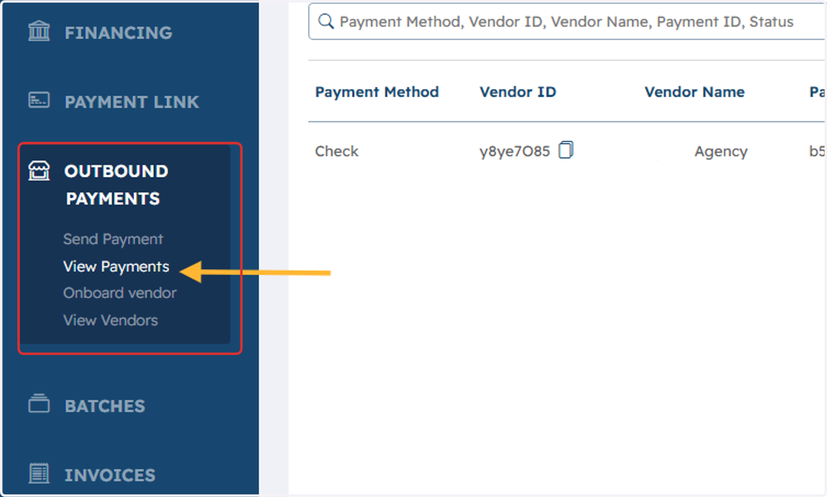 On the left hand menu select Outbound Payments, and then View Payments