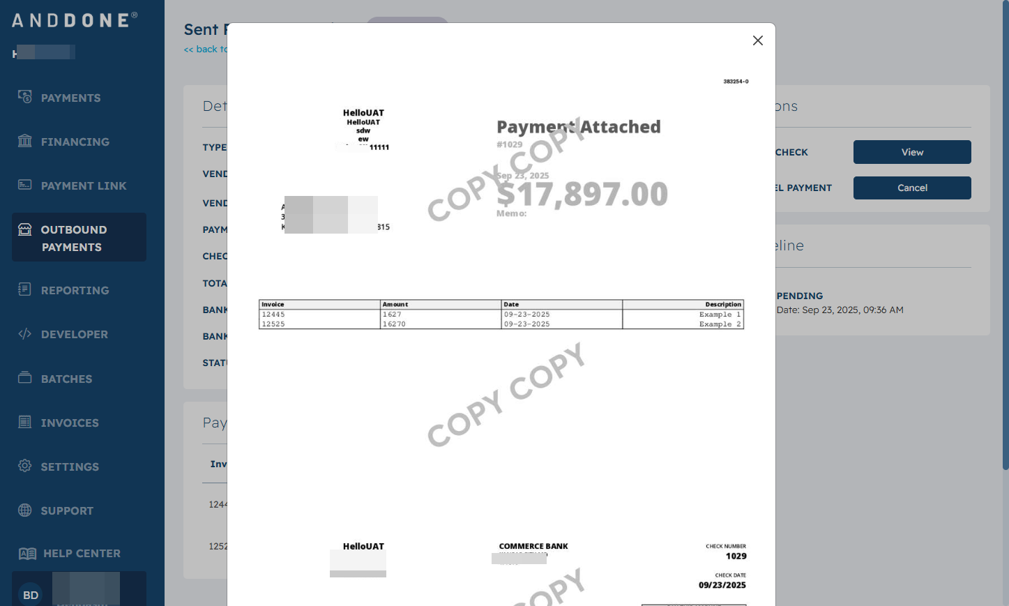 Click on Close to return to Vendor Payments