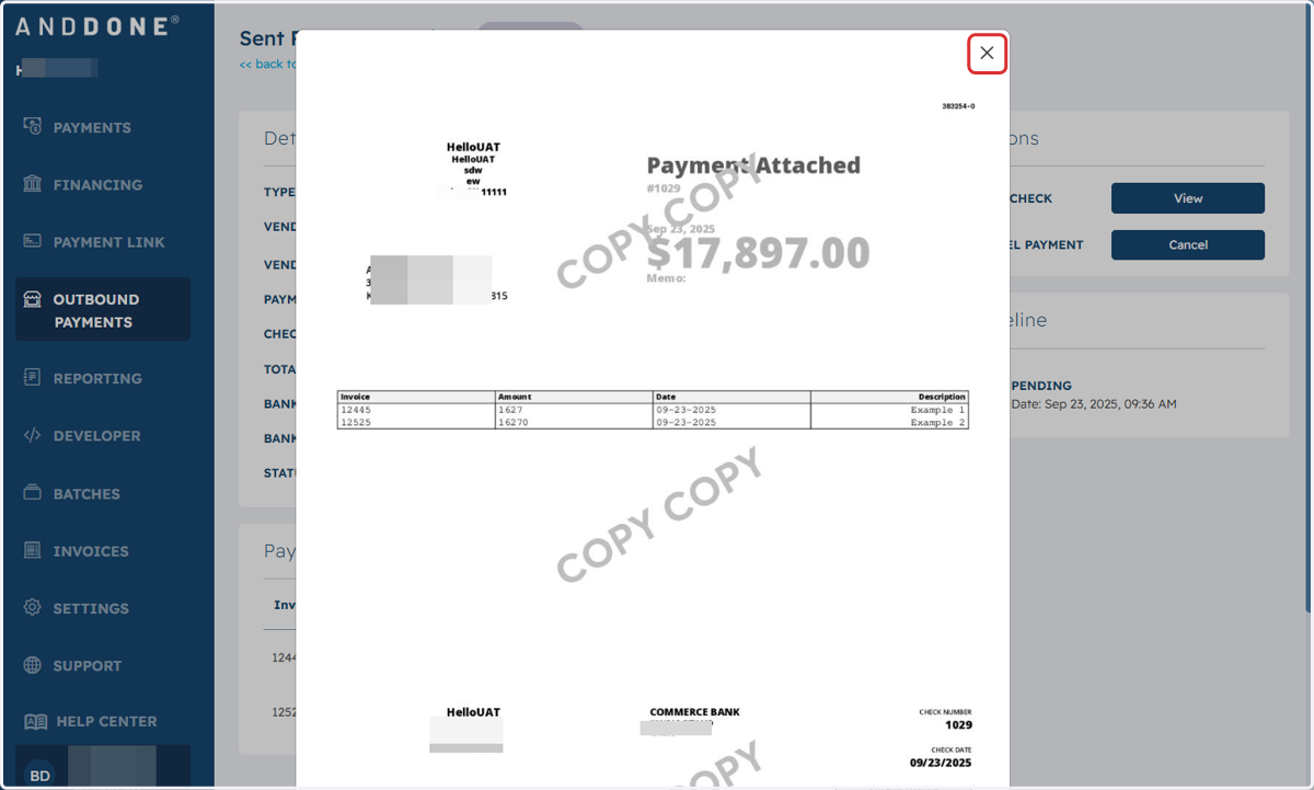 Click on Close to return to Vendor Payments