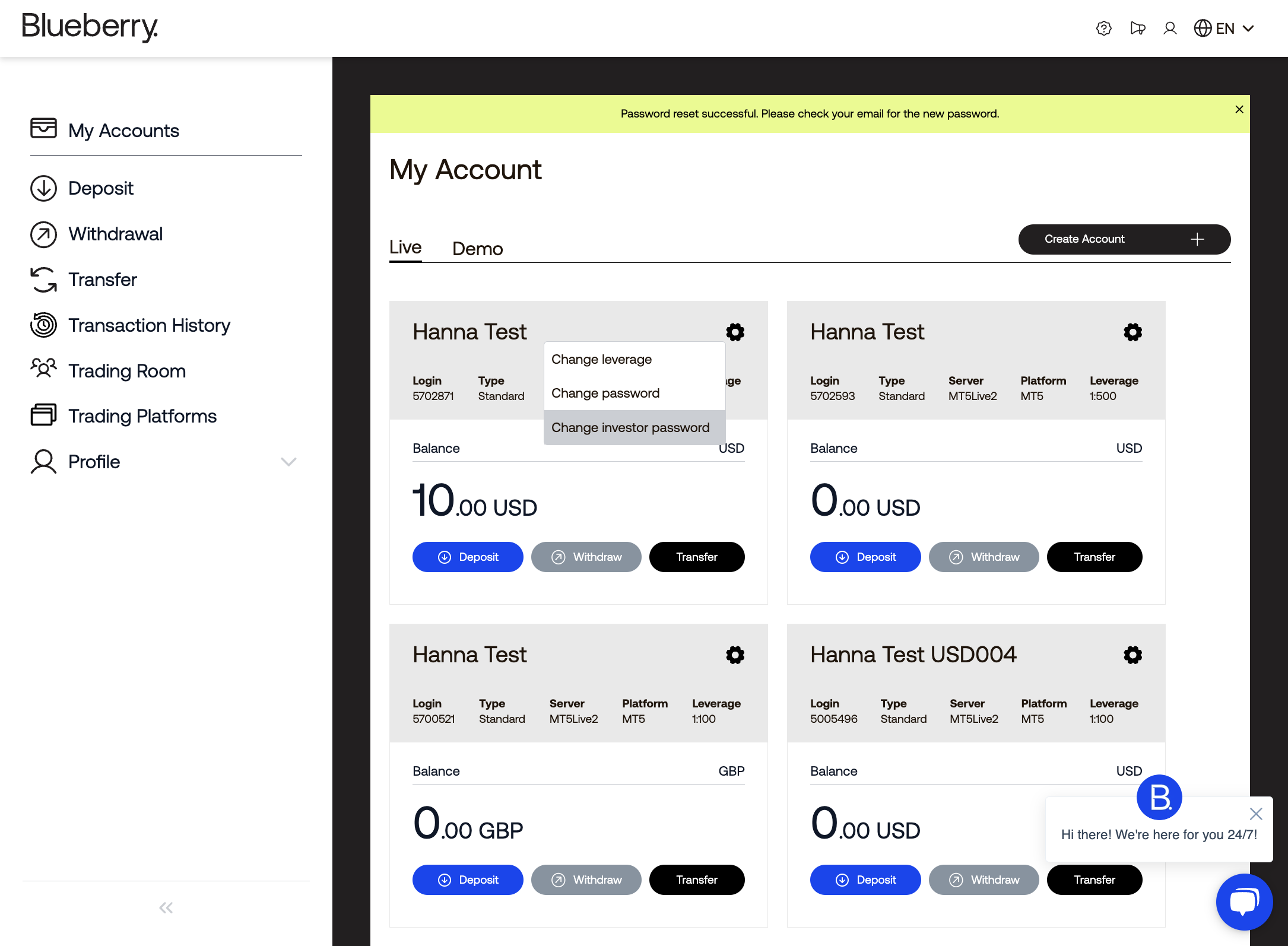 If you want to change your read-only password, click on Change investor password