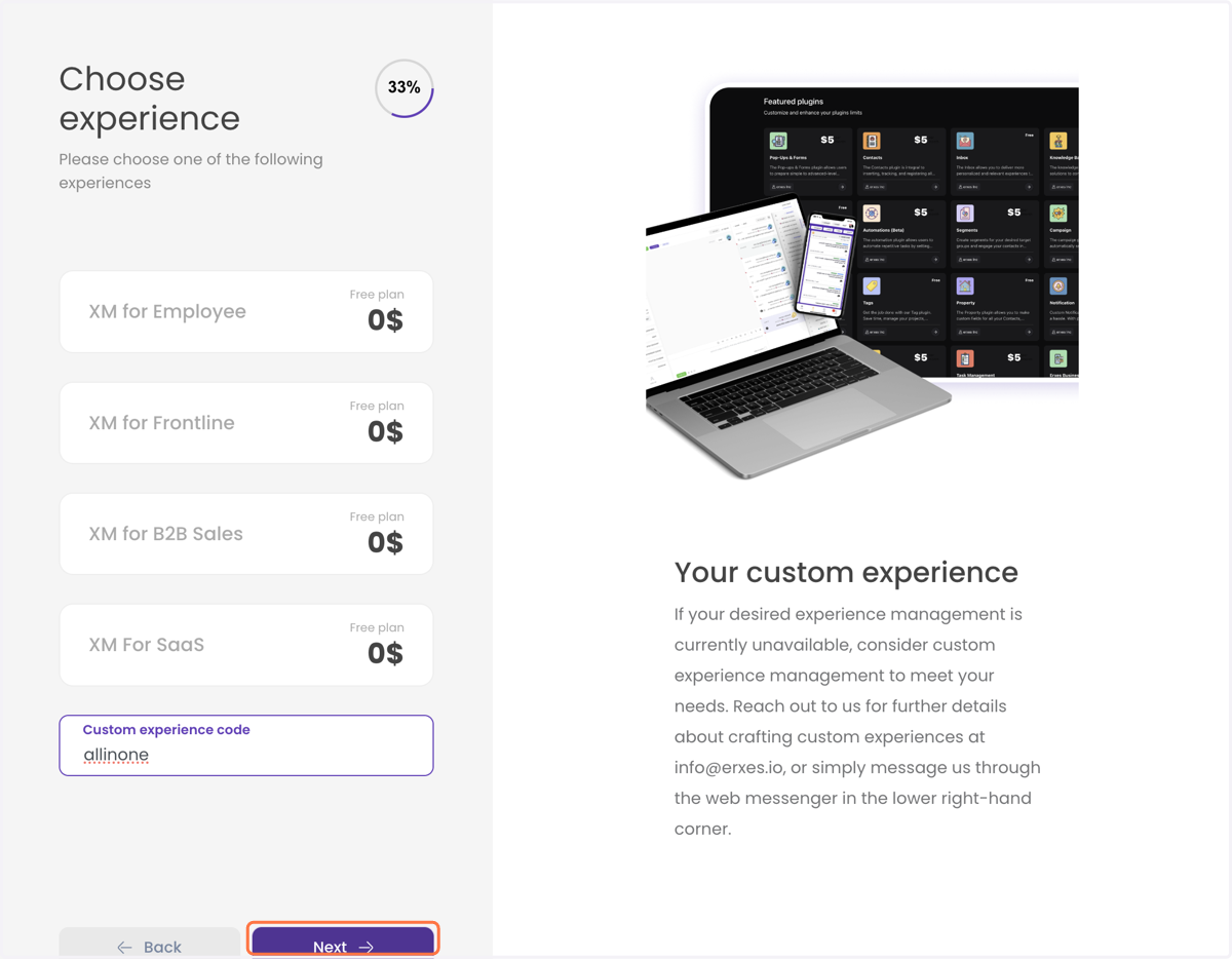 Custom experience code хэсэгт allinone гэж бичээд Next дараарай