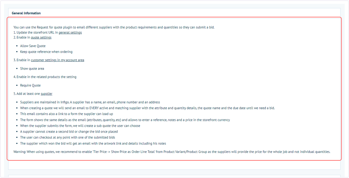 Instructions are provided on configuring your Connect : RFQ plugin