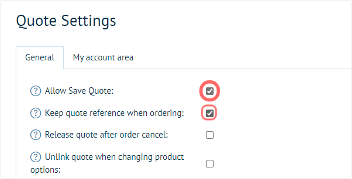 Enable "Allow Save Quote" and "Keep quote reference when ordering"