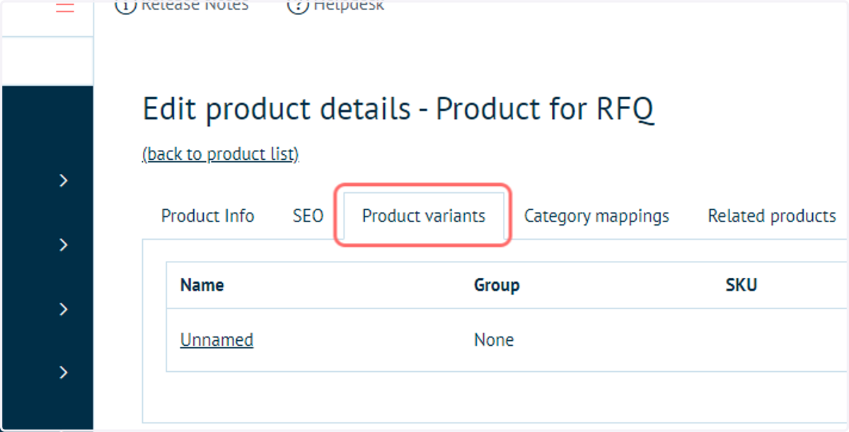 Navigate to the product's Variant settings