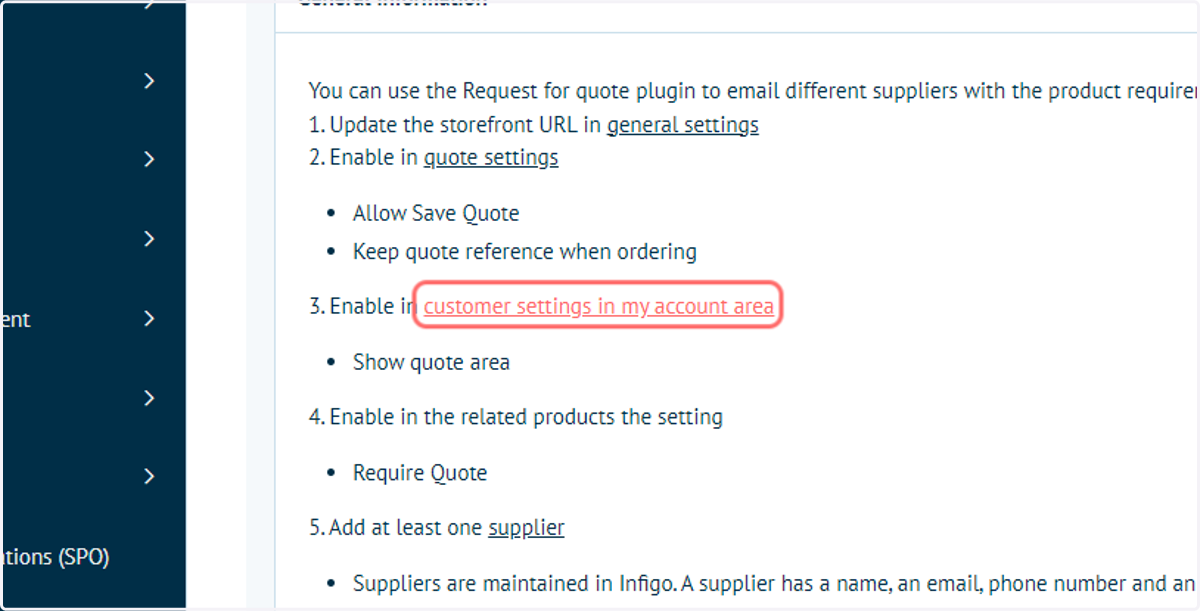 Navigate back to the Connect : RFQ settings and click the link to the Customer Settings screen